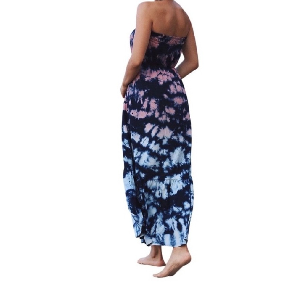 Amadi‎ Strapless Maxi Dress Woman S Blue Pink Tie Dye Smocked Bodice Boho Chic